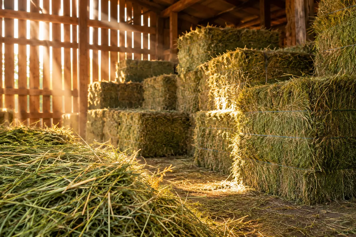 Fresh hay bales stacked in a wooden barn
