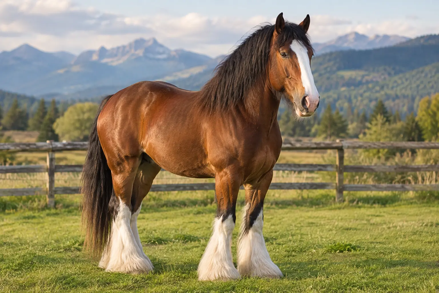 Bay Clydesdale horse with white feathered legs in a pasture