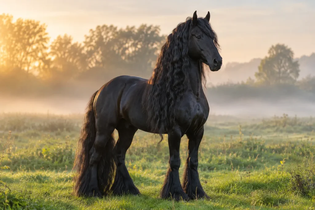 Black Friesian horse standing in a green meadow