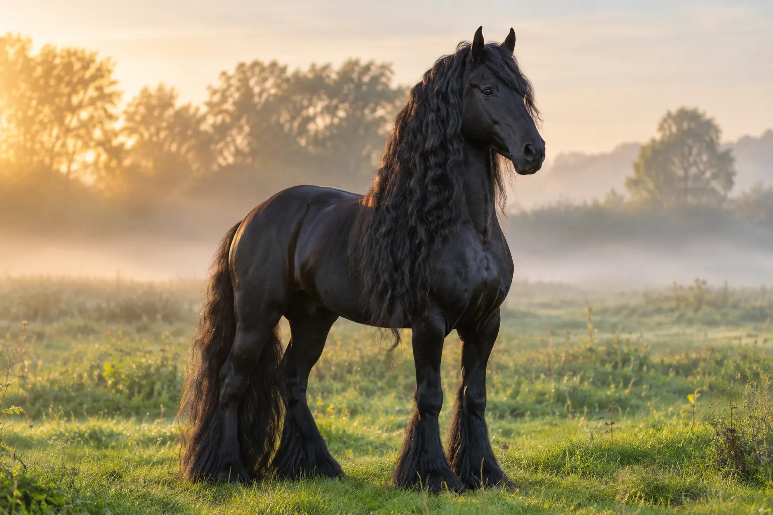 Black Friesian horse standing in a green meadow